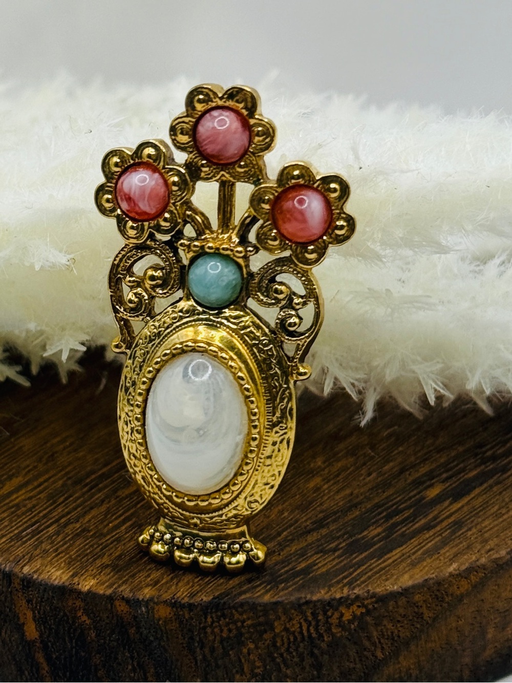 Vintage Victorian Revival Gold Tone Flower Urn Brooch Pin with White Oval Caboch